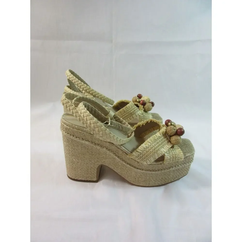 SAM EDELMAN Tan Size 10 Raffia Tropical Beaded Platform Wedge Ankle Strap Sandal - Picture 3 of 8